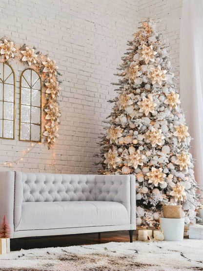 10-Piece Champagne Gold Poinsettia Set, Glitter Artificial Christmas Flowers for Tree, Wreath & Vase Decor, Elegant Holiday Home & Wedding Decorations