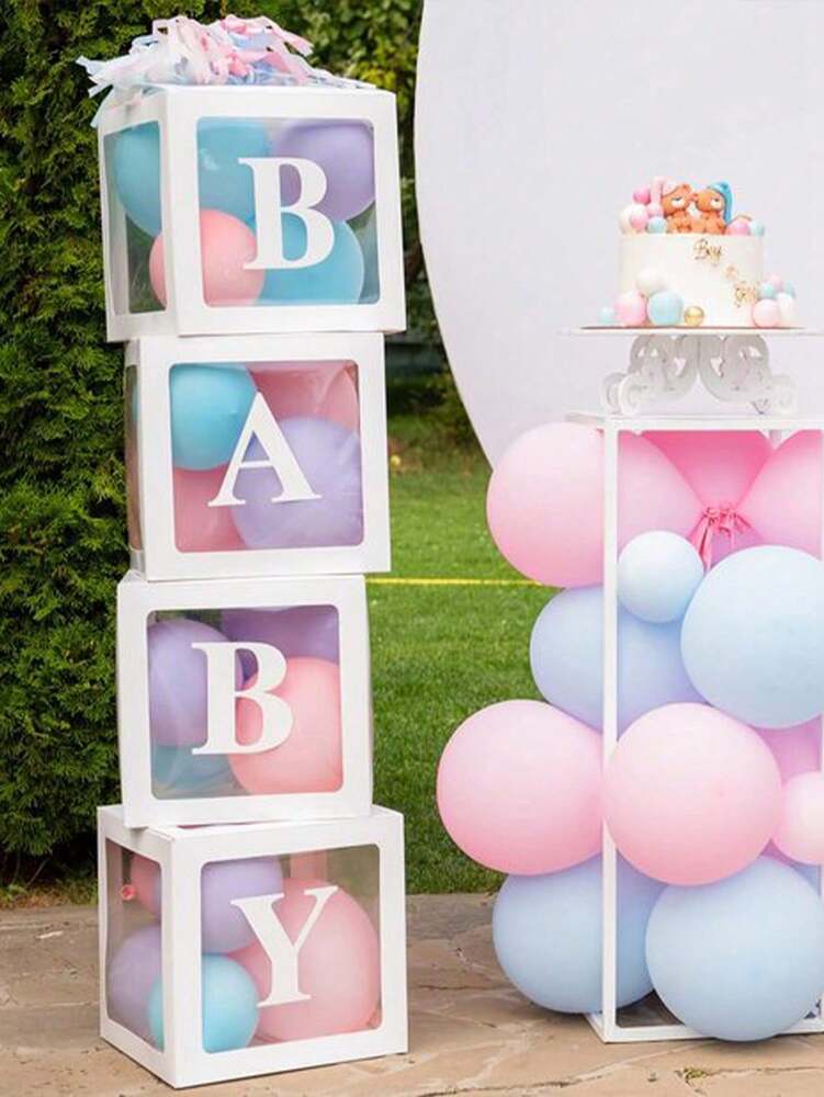 8pcs Transparent Baby Shower Boxes Set, 25cm Letter Balloon Boxes for Gender Reveal Party, Baby Boy or Girl Shower Decorations and Photography Props