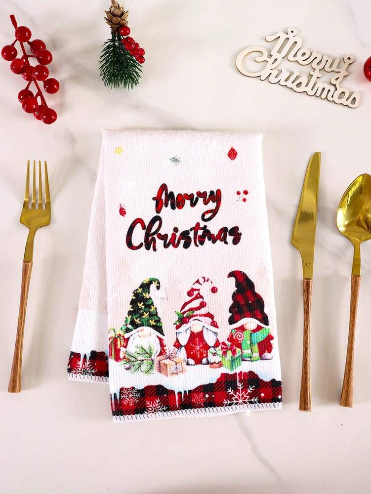 2pcs Christmas Gnome Hand Towels, Red & Black Plaid Microfiber Kitchen & Bathroom Towels, Soft Absorbent Holiday Home Decor