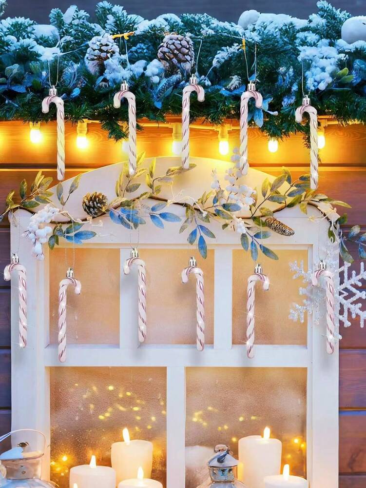 12pcs Pink Glitter Candy Cane Christmas Ornaments, 5.5" Plastic Hanging Decorations for Christmas Trees & Holiday Displays