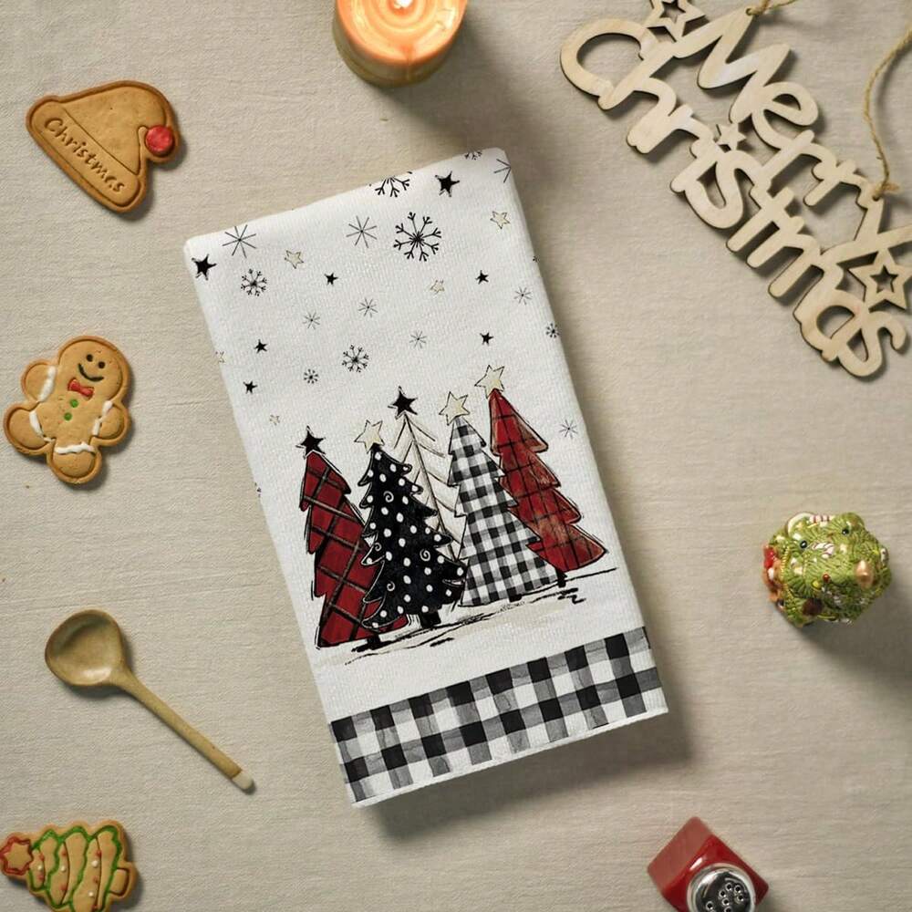 2pcs Buffalo Plaid Christmas Kitchen Towels, Santa & Tree Themed Cotton Dish Towels for Seasonal Cooking, Baking & Holiday Home Decor