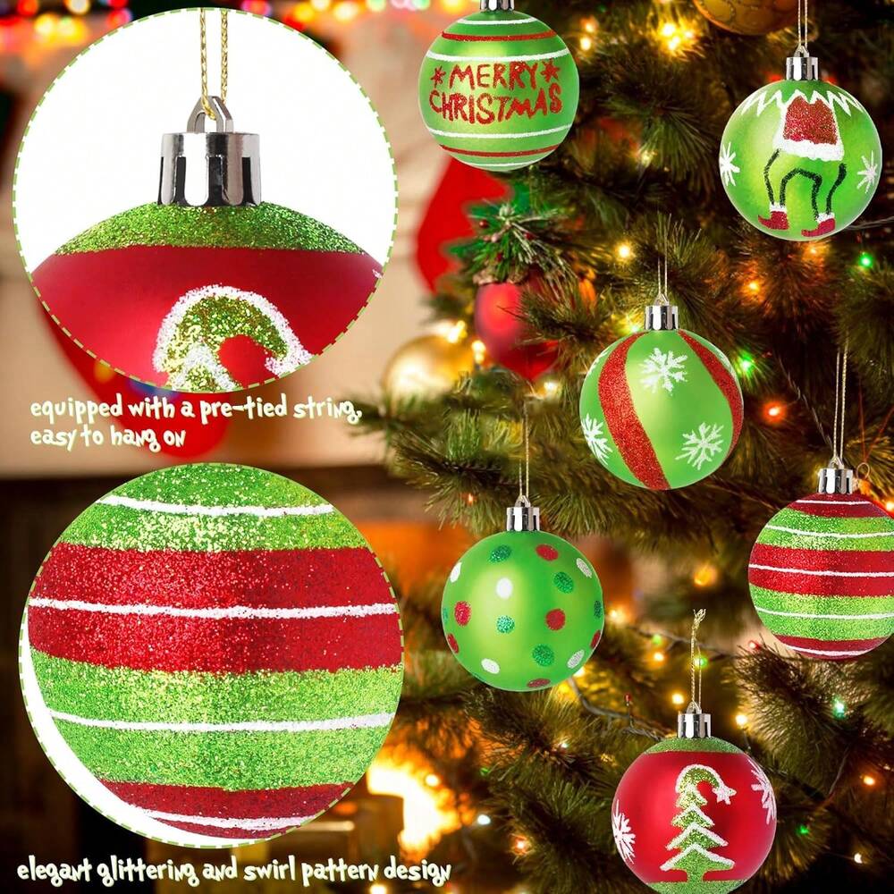 12/6pcs Glitter Christmas Ball Ornaments, Red & Green Swirl Candy and Peppermint Design for Festive Tree & Holiday Decor