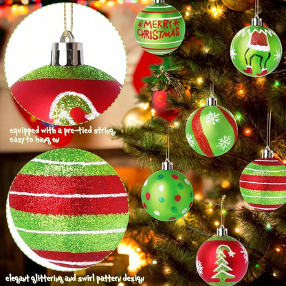 12/6pcs Glitter Christmas Ball Ornaments, Red & Green Swirl Candy and Peppermint Design for Festive Tree & Holiday Decor
