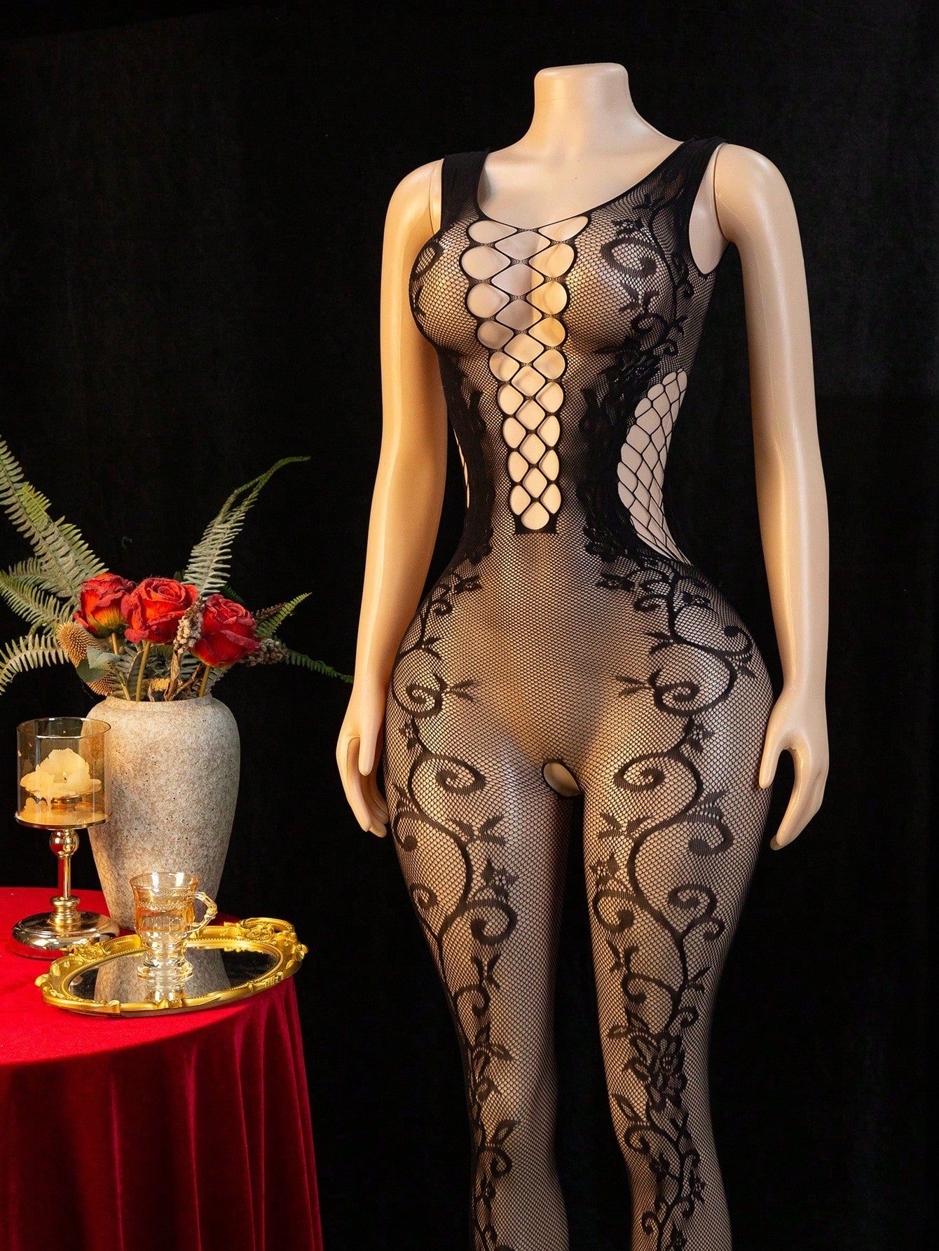 Embroidered Hollow Sheer Sleeveless Sexy Bodystocking