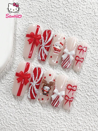 10pcs Sanrio Christmas Press-On Nails, 3D Hello Kitty Red Bow & Elk Charms, Handmade Pearl French Tips with Polka Dot Art, Holiday Nail Set for Women