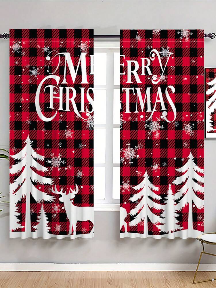 2-Piece Christmas Reindeer and Tree Blackout Curtain Set, Holiday Window Panels for Home Living Room or Bedroom Decor