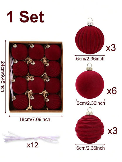 12pcs Burgundy Velvet Christmas Ball Set, Soft Flocked Pom Pom Ornaments, Luxurious Baubles for Holiday Trees, Gifts, and 2026 New Year Decorations