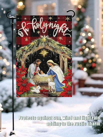Christmas Night Garden Flag 12x18 inch, Double-Sided Linen Yard Flag with Jesus and Red Plaid Design, Festive Farmhouse Outdoor Winter Decoration