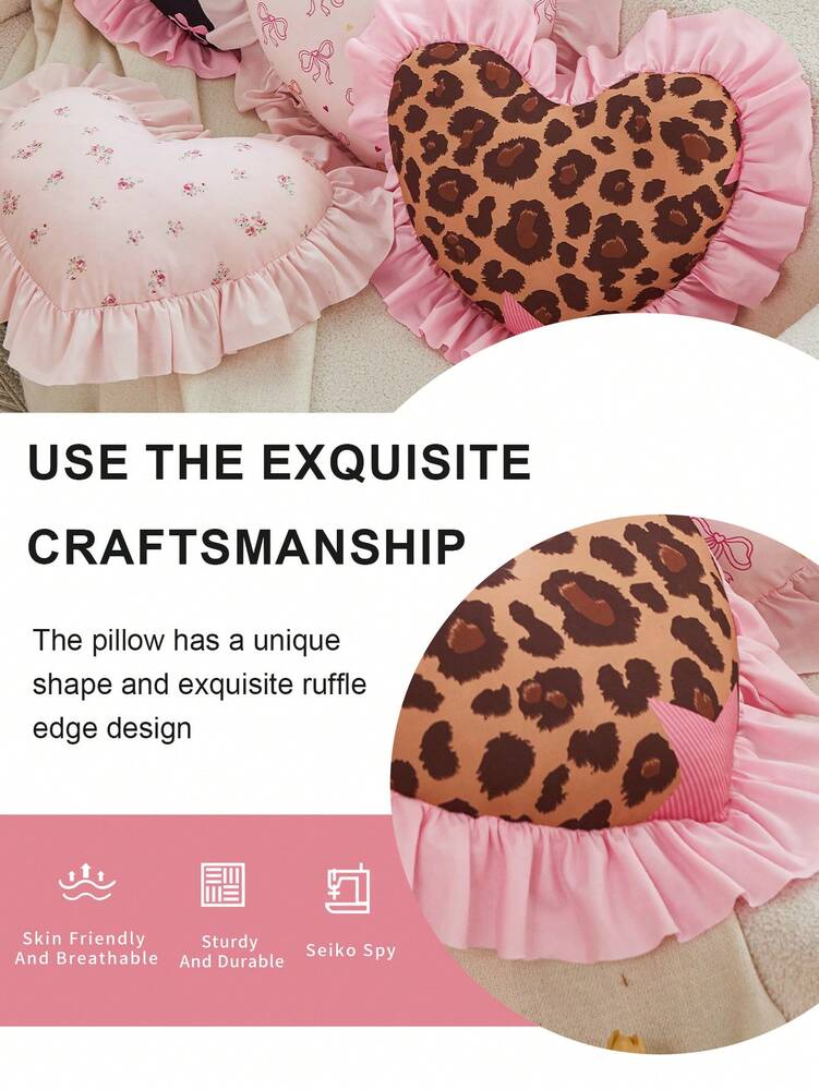 1pc Leopard Print Heart-Shaped Throw Pillow, Romantic French Ruffle Design, Decorative Cushion for Sofa, Bedroom or Living Room, OEKO-TEX Certified