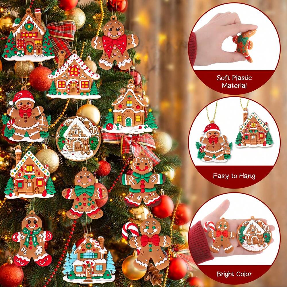 12pcs Gingerbread House Hanging Ornaments, Cute Christmas Tree Decorations for Home, Parties, and Holiday Gift Giving