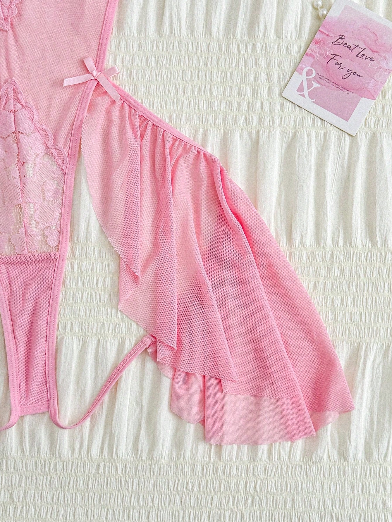 Sexy Lace Patchwork Mesh Backless Romper With Bow Decor, Feminine & Charming