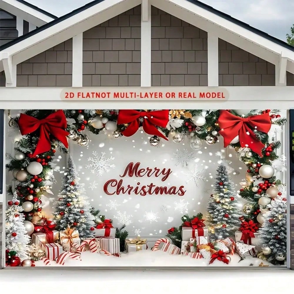 2D Christmas Party Banner, Polyester Snow Scene Backdrop with Red Hat and Festive Design, Perfect Wall Decoration for Holiday Events and Photo Props