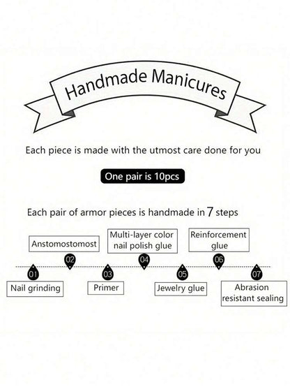 10pcs Coffin Press On Nails, Handmade Red French Tips With Diamond Embellishments, Luxurious Glossy Nail Set For Women Glam Look