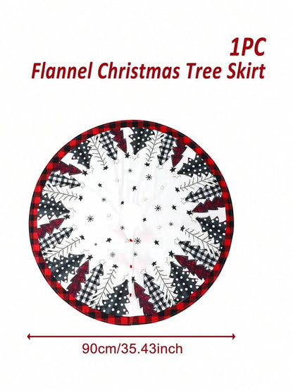 Red & Black Plaid Christmas Tree Skirt, Snowflake Pattern Round Tree Mat, Soft Decorative Base Cover for Living Room & Winter Holiday Home Decor