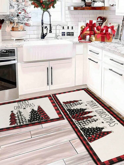 Merry Christmas Red Plaid Door Mat, Non-Slip Washable Entry Rug with Tree Print, Holiday Welcome Mat for Front Door or Home Decor