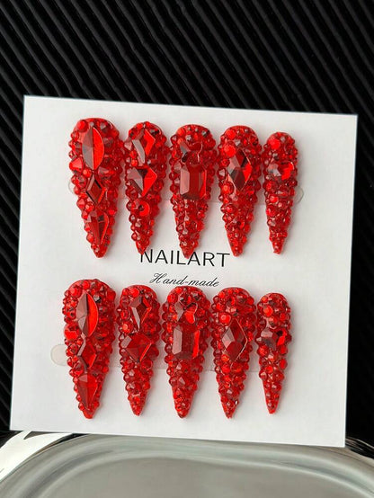 10pcs Long Stiletto Press On Nails, Red Rhinestone Glitter Nail Tips, Handmade 3D Shiny Acrylic Nails For Women Party Or DIY Manicure