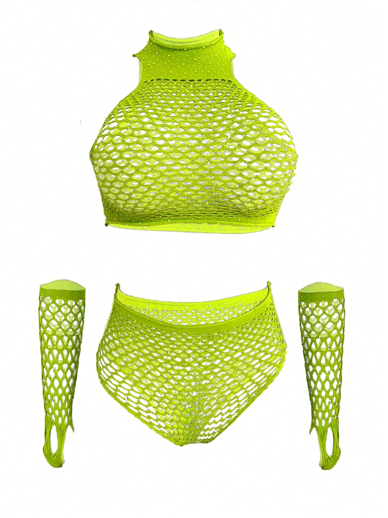 Rhinestone Studded Ultra Short Top And Thong Lingerie Set With Gloves