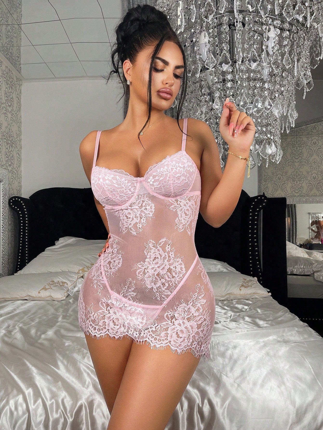 Women Pink Lace Babydoll Set With Spaghetti Strap Design And Matching Bottom, Lightweight Sheer Fabric Construction, Coordinated Two-Piece Structure, Suitable For General Wear And Styling