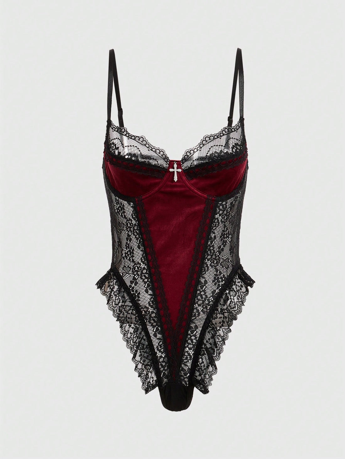 Women Contrast Lace Bodysuit With Structured One-Piece Design, Layered Lace Panel Detail, Smooth Fabric Combination, Simple Silhouette, Suitable For General Wear And Outfit Styling