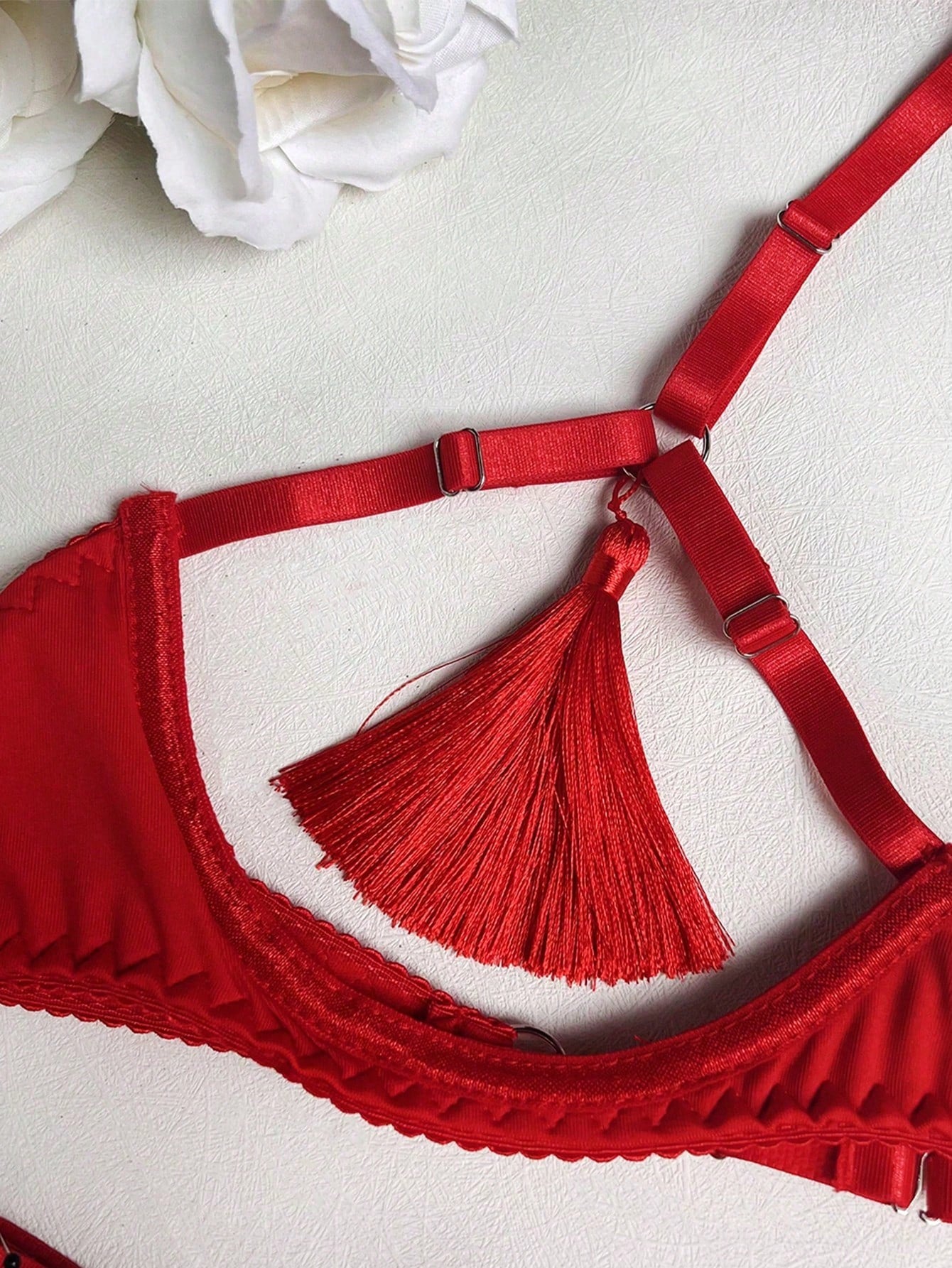 Fringe Satin Exposed Bust Sexy Open Collar Lingerie Set (Excluding Gloves), For Going Out Celebration