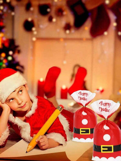 50pcs Christmas Cellophane Treat Bags with Twist Ties, Transparent Santa Claus Candy & Cookie Packaging Bags for Bakeries, Popcorn & Holiday Treats