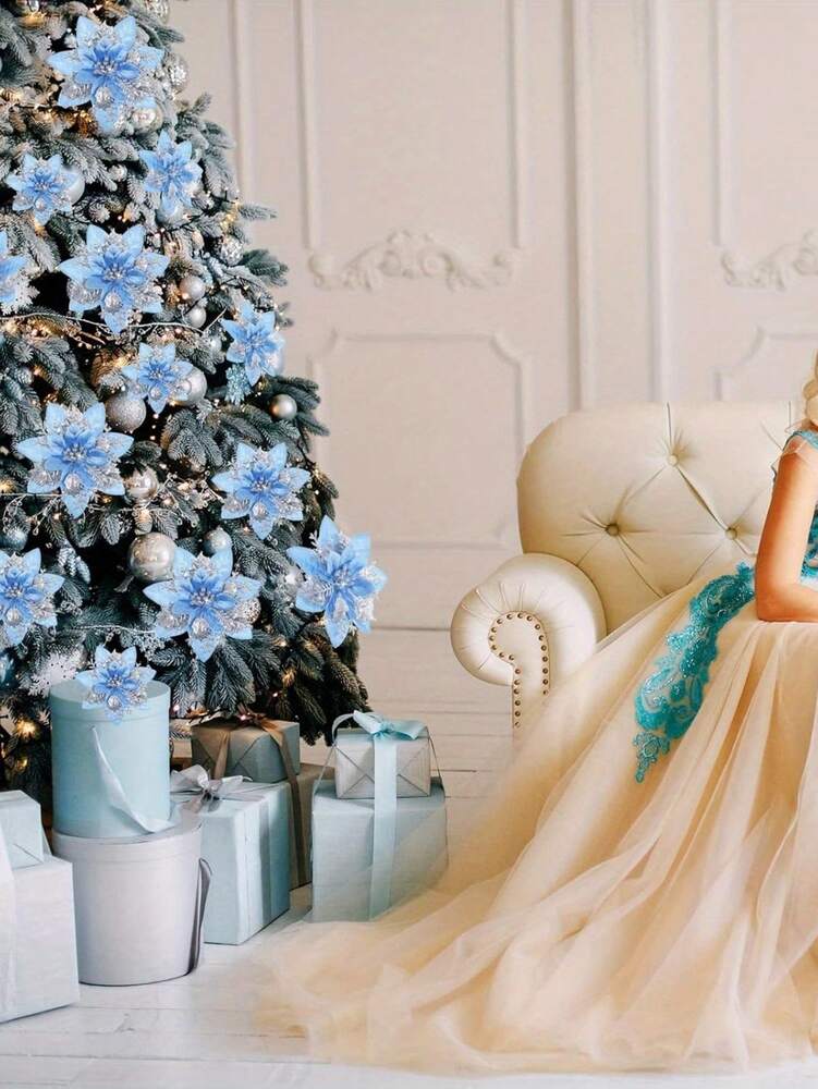 10pcs Blue Poinsettia Christmas Tree Flowers, 5.7" Artificial Holiday Ornaments, Reusable Feather-Free Floral Decorations for Xmas Trees & Home Décor