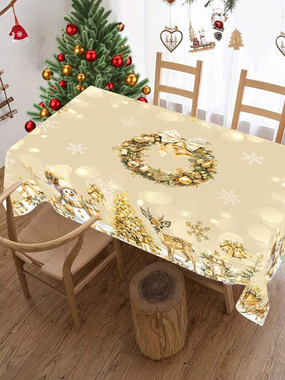 Festive Christmas Tablecloth with Snowman & Reindeer Wreath Design, Polyester Winter Table Cover for Dining Room & Kitchen Holiday Decor