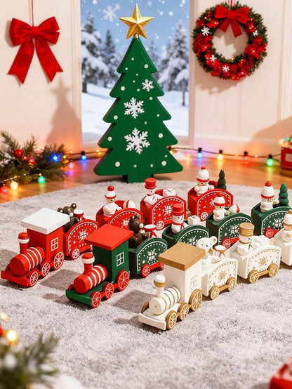 Christmas Wooden Train Ornament, Four-Section Holiday Decoration for Table, Fireplace & Garden Christmas Home or Office Decor