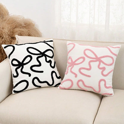 1pc 3D Bow Embroidered Pillow Cover, Cute Decorative Cushion Case for Sofa or Bedroom, Soft Girly Design Without Insert