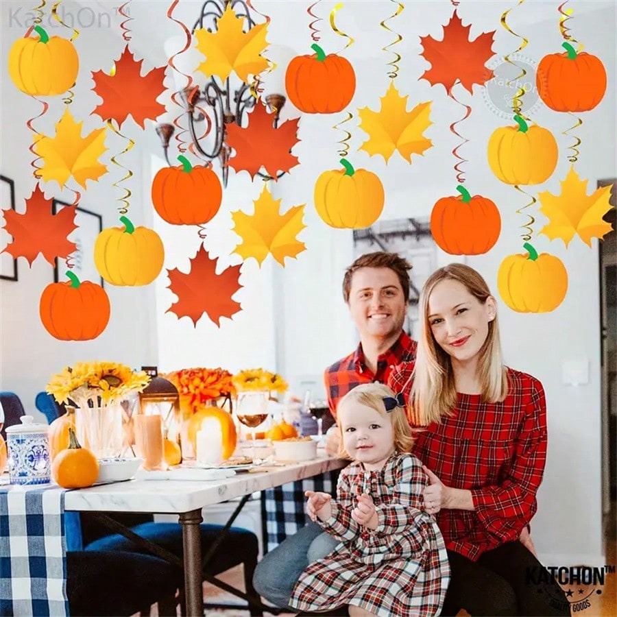 Thanksgiving Hanging Swirl Decorations (22pcs), Autumn Pumpkin and Maple Leaf Party Ornaments for Home, Classroom, or Office Fall Holiday Decor