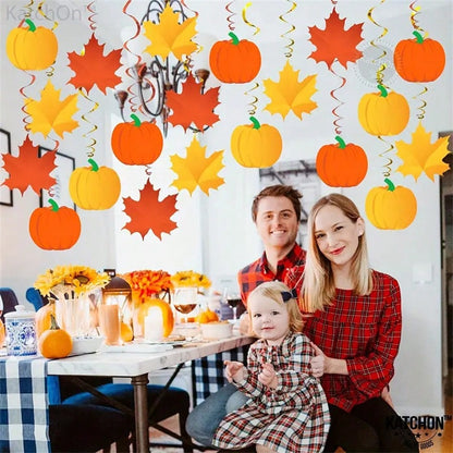 Thanksgiving Hanging Swirl Decorations (22pcs), Autumn Pumpkin and Maple Leaf Party Ornaments for Home, Classroom, or Office Fall Holiday Decor