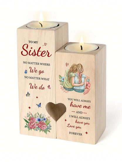 Wooden Heart Candle Holder Gift for Sister, Elegant Birthday or Thanksgiving Remembrance Keepsake, Best Friend or Family Gift (Candles Not Included)