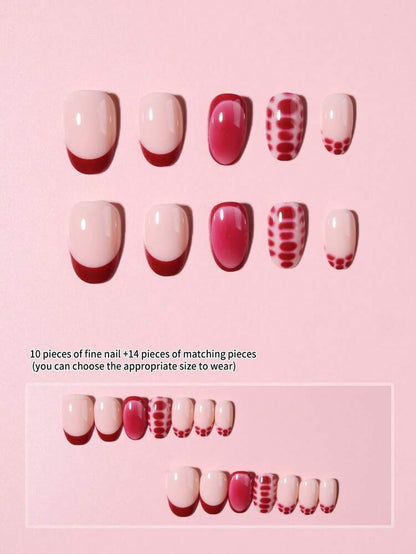 24pcs Short Oval Press On Nails, Wine Red Leopard Print French Tips With Blush Design, Sweet And Cool Style Acrylic Nails For Women Daily Wear