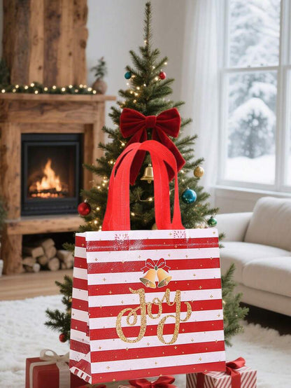 25pcs Red & Black Plaid Christmas Gift Bags, Non-Woven Holiday Tote Bags with Reindeer & Stocking Prints