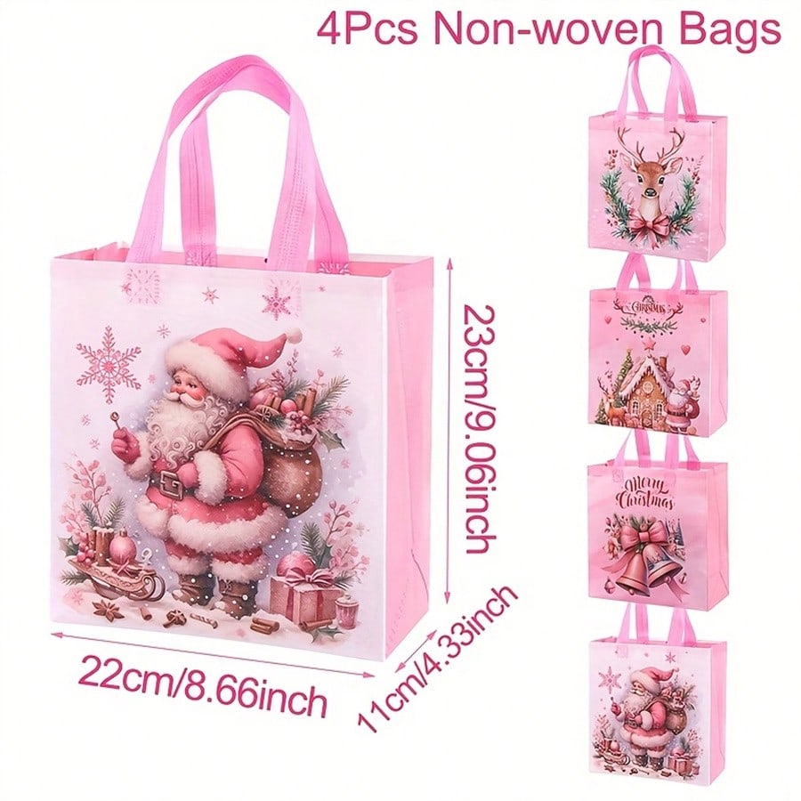8pcs Pink Christmas Tote Bags with Handles, Reusable Non-Woven Gift Bags with Santa, Elk & Bell Prints for Holiday Packaging & Festive Decor