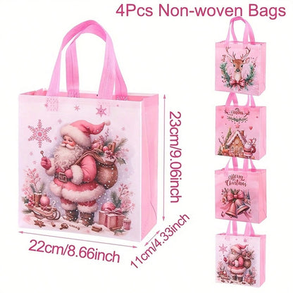 8pcs Pink Christmas Tote Bags with Handles, Reusable Non-Woven Gift Bags with Santa, Elk & Bell Prints for Holiday Packaging & Festive Decor