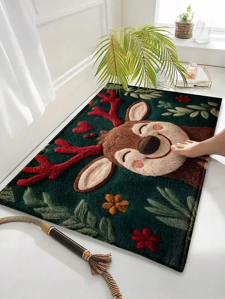Fluffy Christmas Deer Microfiber Bath Mat, Quick-Dry and Absorbent Holiday Floor Rug for Bathroom, Kitchen or Home Decor