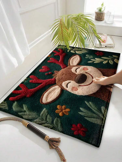 Fluffy Christmas Deer Microfiber Bath Mat, Quick-Dry and Absorbent Holiday Floor Rug for Bathroom, Kitchen or Home Decor