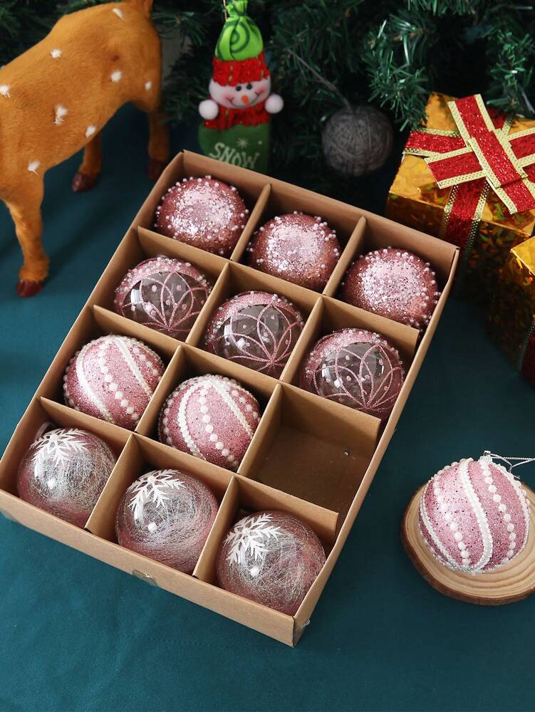 12pcs Clear Pink Christmas Ball Ornaments, 3.15-Inch Shatterproof Decorative Tree Baubles, Elegant Rustic Hanging Decorations for Holiday Parties