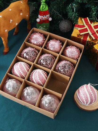 12pcs Clear Pink Christmas Ball Ornaments, 3.15-Inch Shatterproof Decorative Tree Baubles, Elegant Rustic Hanging Decorations for Holiday Parties