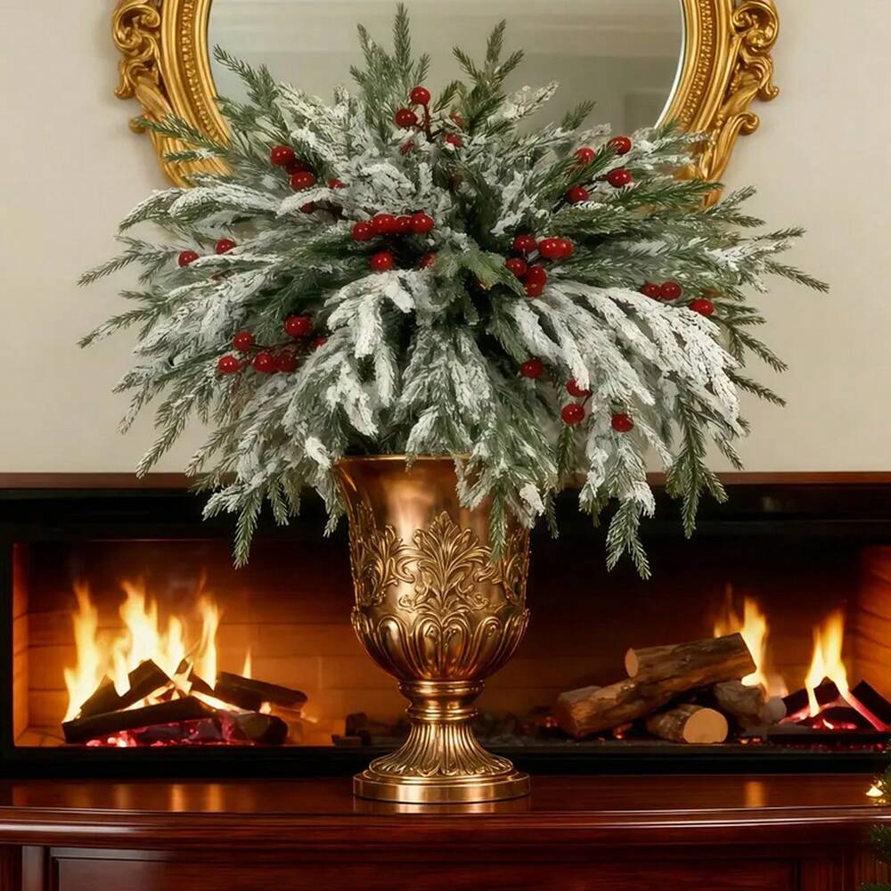 Artificial Pine Branches with Red Berries (2/10pcs), 14-Inch Realistic Greenery for Christmas Wreaths, Canes, Vases, and Holiday Tree Decorations