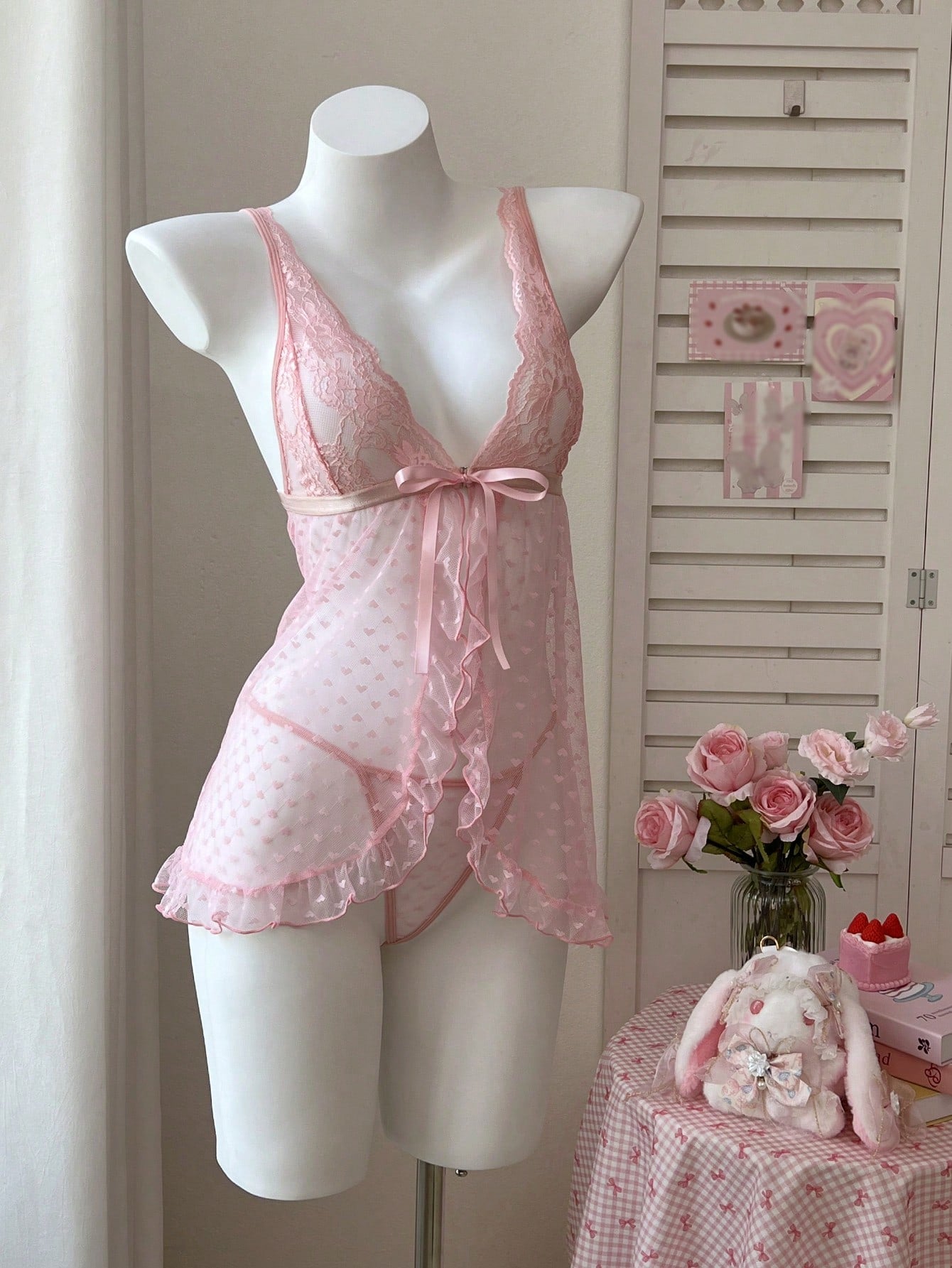 2pcs Women Pink Lace Patchwork Babydoll Dress Set With Polka Dot Mesh And Ruffle Hem Detail, Lightweight Fabric Construction, Coordinated Two-Piece Structure, Suitable For General Wear And Styling