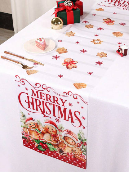 Gingerbread Man Christmas Table Runner, 35x180cm Polyester Holiday Table Flag, Festive Dining Room Décor for Christmas & Winter Home Use