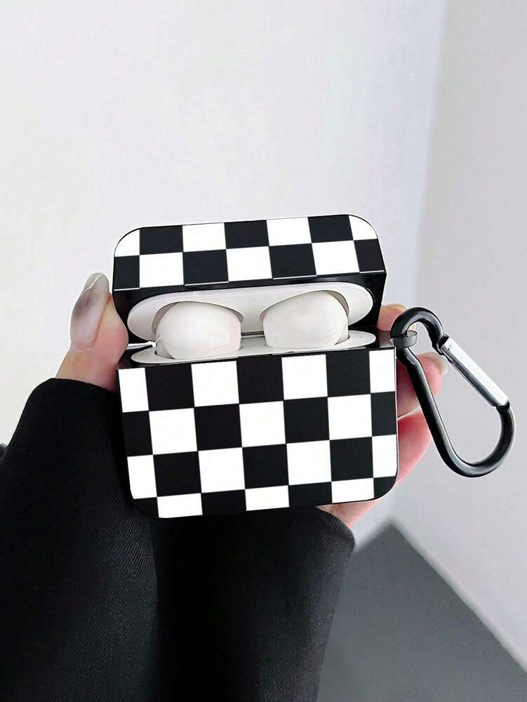 Checkerboard AirPods Case, Black Retro Check Cover with Metal Hook, Compatible with AirPods 1/2/3/Pro/Pro 2, Protective Stylish Design