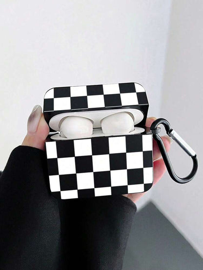 Checkerboard AirPods Case, Black Retro Check Cover with Metal Hook, Compatible with AirPods 1/2/3/Pro/Pro 2, Protective Stylish Design