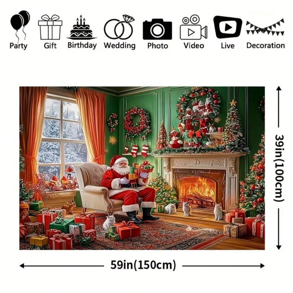 2D Polyester Christmas Party Background Banner, Snow and Ornament Design, Ideal for Homes, Walls, and Holiday Photoshoots