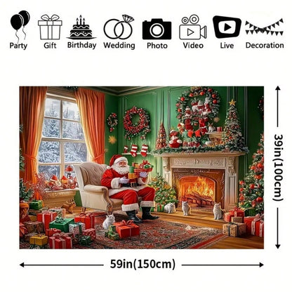 2D Polyester Christmas Party Background Banner, Snow and Ornament Design, Ideal for Homes, Walls, and Holiday Photoshoots