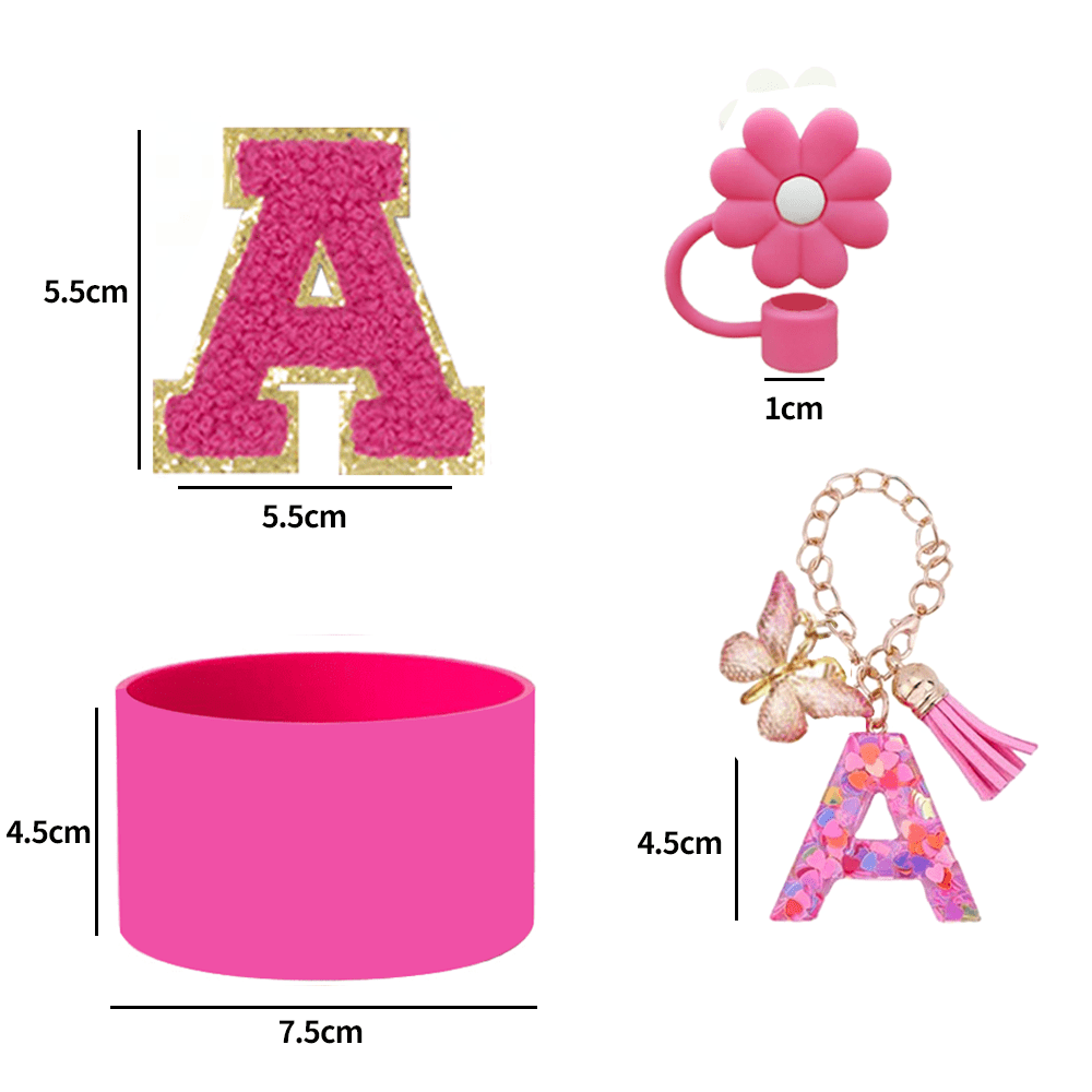A–Z Cup Accessory Set (4pcs) with Straw Cap, Letter Pendant, Silicone Cup Boot, and Letter Sticker, Personalized Surprise Gift for Friends and Family