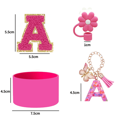 A–Z Cup Accessory Set (4pcs) with Straw Cap, Letter Pendant, Silicone Cup Boot, and Letter Sticker, Personalized Surprise Gift for Friends and Family