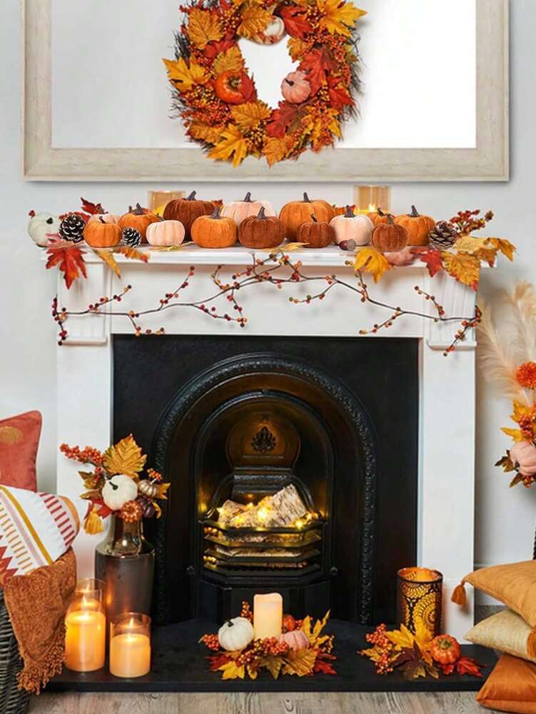 12pcs Faux Velvet Mini Pumpkins, Farmhouse Fall Decorations, Assorted Soft Fabric Pumpkins for Thanksgiving Table & Home Decor